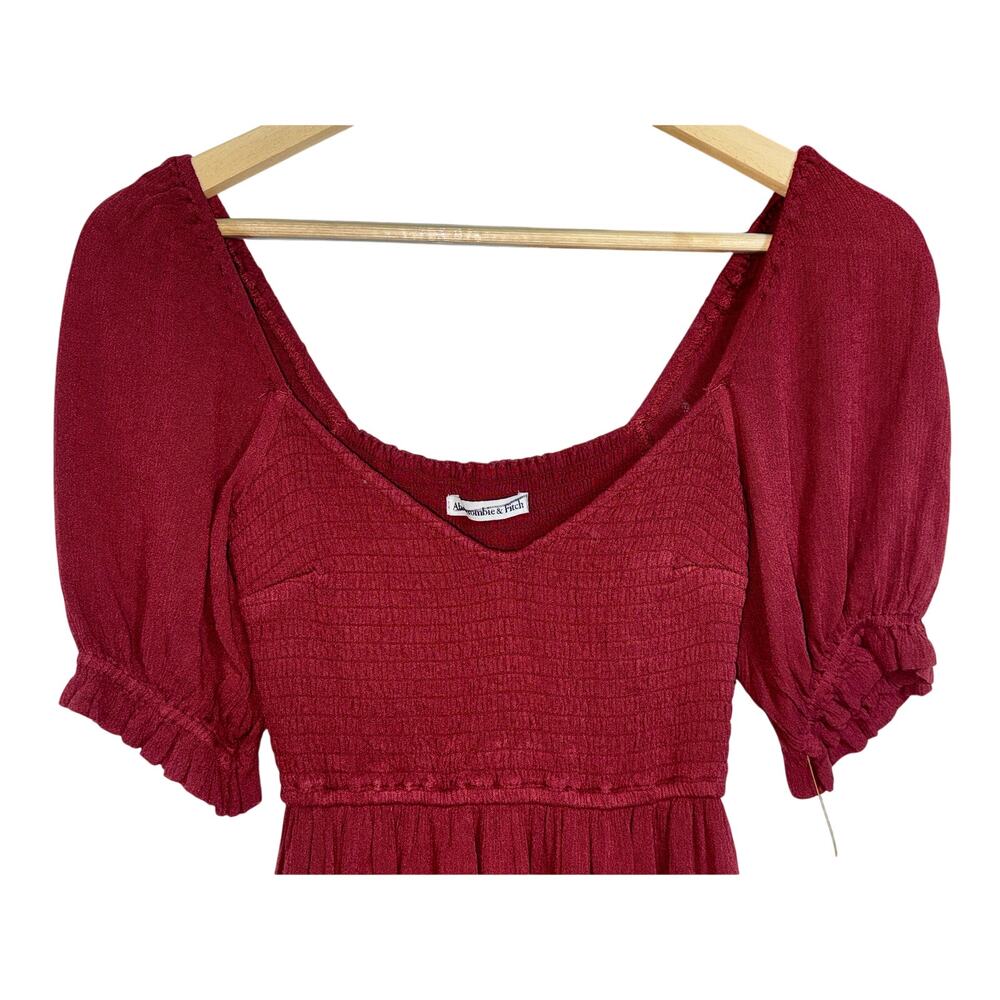 Abercrombie & Fitch Burgundy Red Smocked Puff Sleeve Slit Maxi Dress Size XS - Picture 4 of 12
